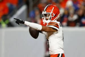 DENVER, COLORADO - DECEMBER 02: Greg Newsome II #0 of the Cleveland Browns celebrates a interception during the second quarter in the game against the Denver Broncos at Empower Field At Mile High on December 02, 2024 in Denver, Colorado.