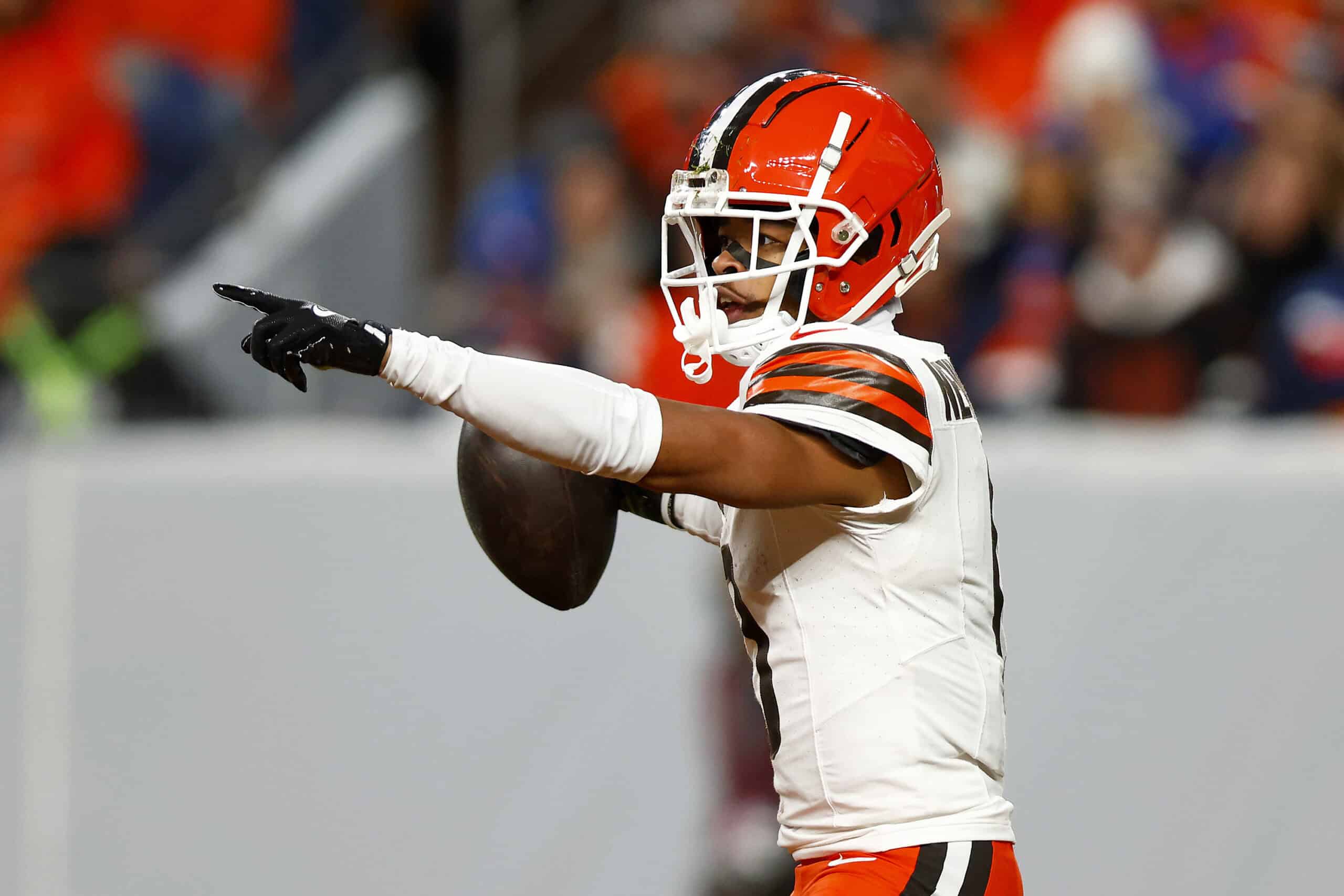 DENVER, COLORADO - DECEMBER 02: Greg Newsome II #0 of the Cleveland Browns celebrates a interception during the second quarter in the game against the Denver Broncos at Empower Field At Mile High on December 02, 2024 in Denver, Colorado.