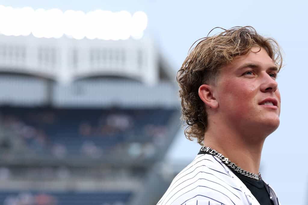 NEW YORK, NEW YORK - JUNE 06: Quarterback Jaxson Dart #6 of the New York Giants looks on before the game between the New York Yankees and the Boston Red Sox at Yankee Stadium on June 06, 2025 in the Bronx borough of New York City.