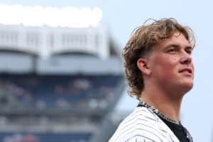 NEW YORK, NEW YORK - JUNE 06: Quarterback Jaxson Dart #6 of the New York Giants looks on before the game between the New York Yankees and the Boston Red Sox at Yankee Stadium on June 06, 2025 in the Bronx borough of New York City.