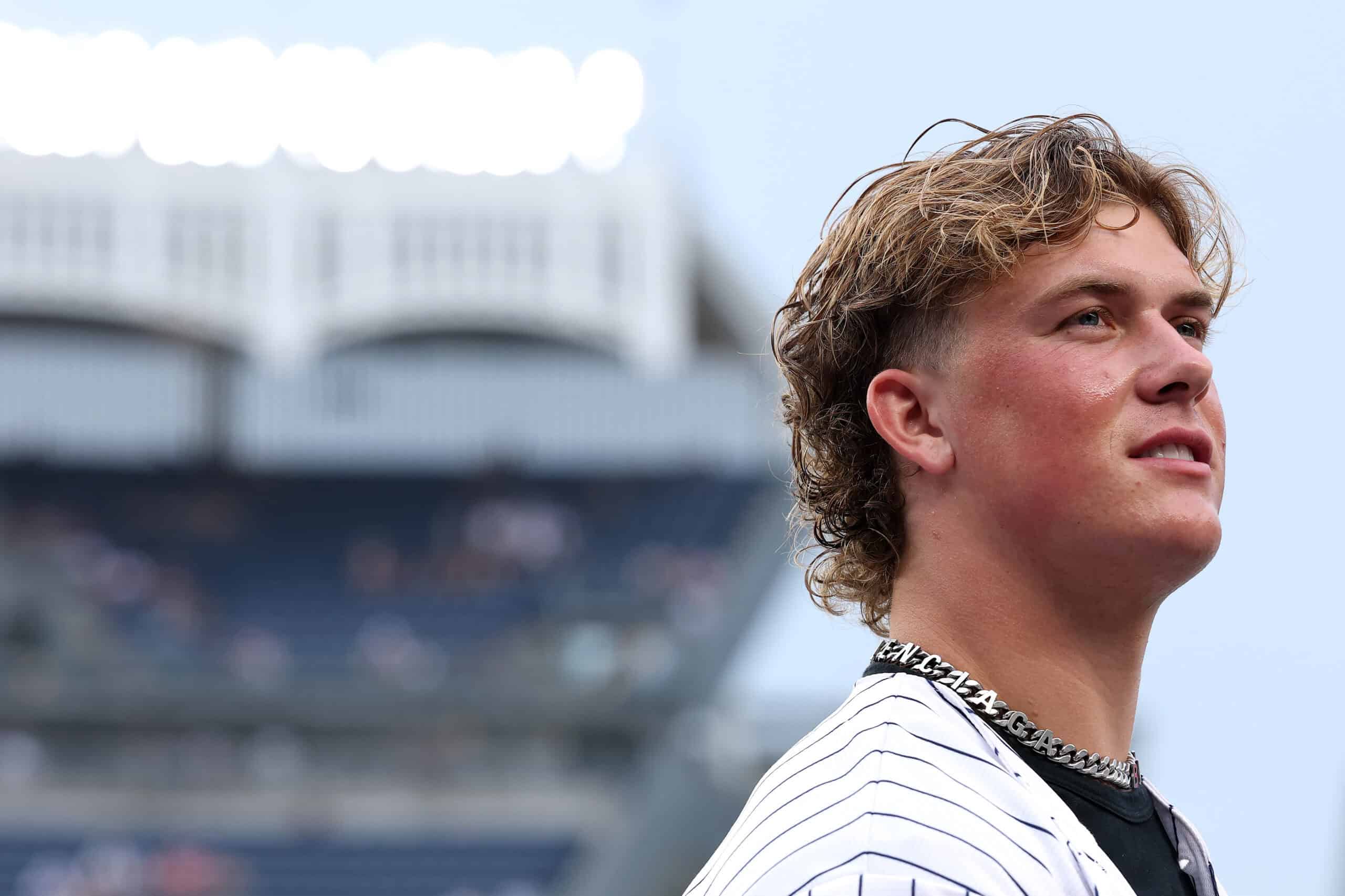 NEW YORK, NEW YORK - JUNE 06: Quarterback Jaxson Dart #6 of the New York Giants looks on before the game between the New York Yankees and the Boston Red Sox at Yankee Stadium on June 06, 2025 in the Bronx borough of New York City.
