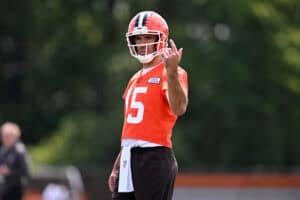 BEREA, OHIO - JUNE 10: Joe Flacco #15 of the Cleveland Browns runs a drill during Cleveland Browns mandatory minicamp at CrossCountry Mortgage Campus on June 10, 2025 in Berea, Ohio.