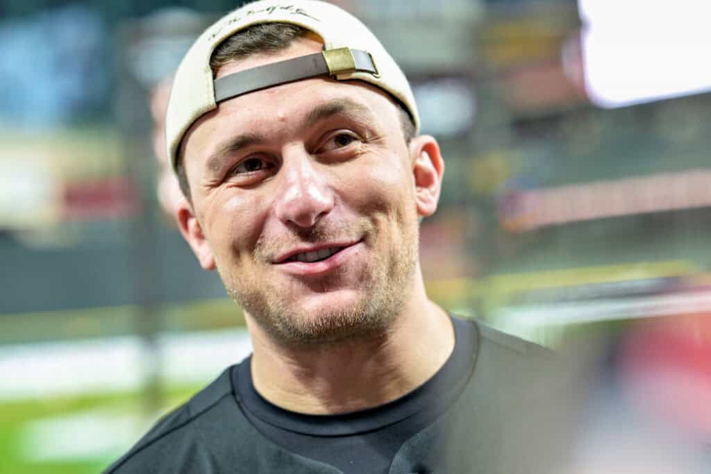 HOUSTON, TEXAS - FEBRUARY 13: Johnny Manziel attends the 2025 Cactus Jack Foundation HBCU Celebrity Softball Classic at Daikin Park on February 13, 2025 in Houston, Texas.