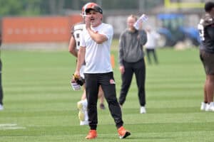 BEREA, OHIO - JUNE 12: Head coach Kevin Stefanski yells to his players during organized team activities at CrossCountry Mortgage Campus on June 12, 2025 in Berea, Ohio.