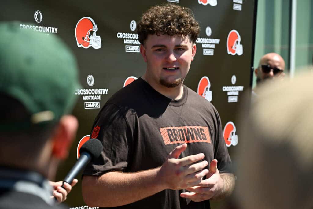 BEREA, OHIO - MAY 09: Mason Graham #94 of the Cleveland Browns answers questions from the media during a press conference prior to rookie minicamp at CrossCountry Mortgage Campus on May 09, 2025 in Berea, Ohio.
