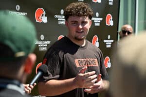 BEREA, OHIO - MAY 09: Mason Graham #94 of the Cleveland Browns answers questions from the media during a press conference prior to rookie minicamp at CrossCountry Mortgage Campus on May 09, 2025 in Berea, Ohio.
