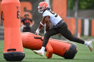 BEREA, OHIO - JUNE 10: Myles Garrett #95 of the Cleveland Browns runs a drill during Cleveland Browns mandatory minicamp at CrossCountry Mortgage Campus on June 10, 2025 in Berea, Ohio.