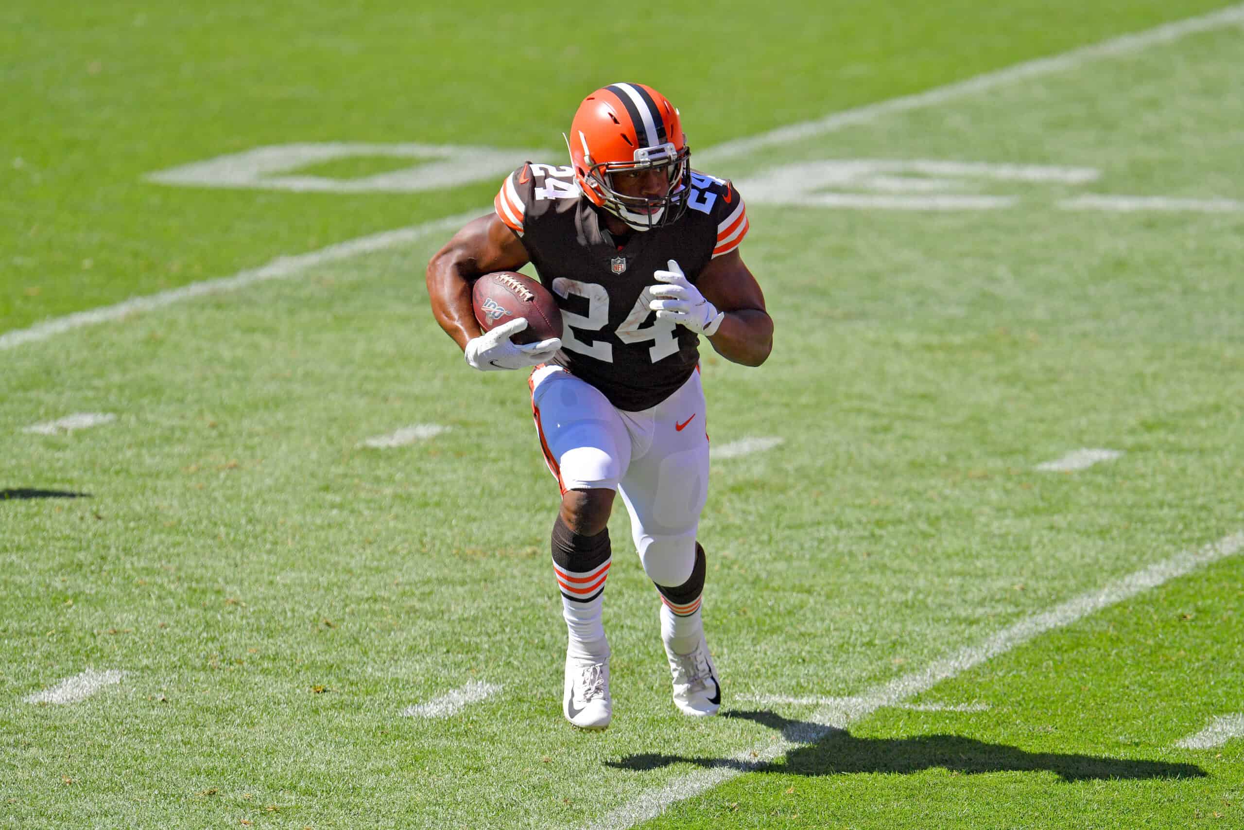 CLEVELAND, OHIO - AUGUST 30: Running back Nick Chubb #24 of the Cleveland Browns runs during training camp at FirstEnergy Stadium on August 30, 2020 in Cleveland, Ohio.