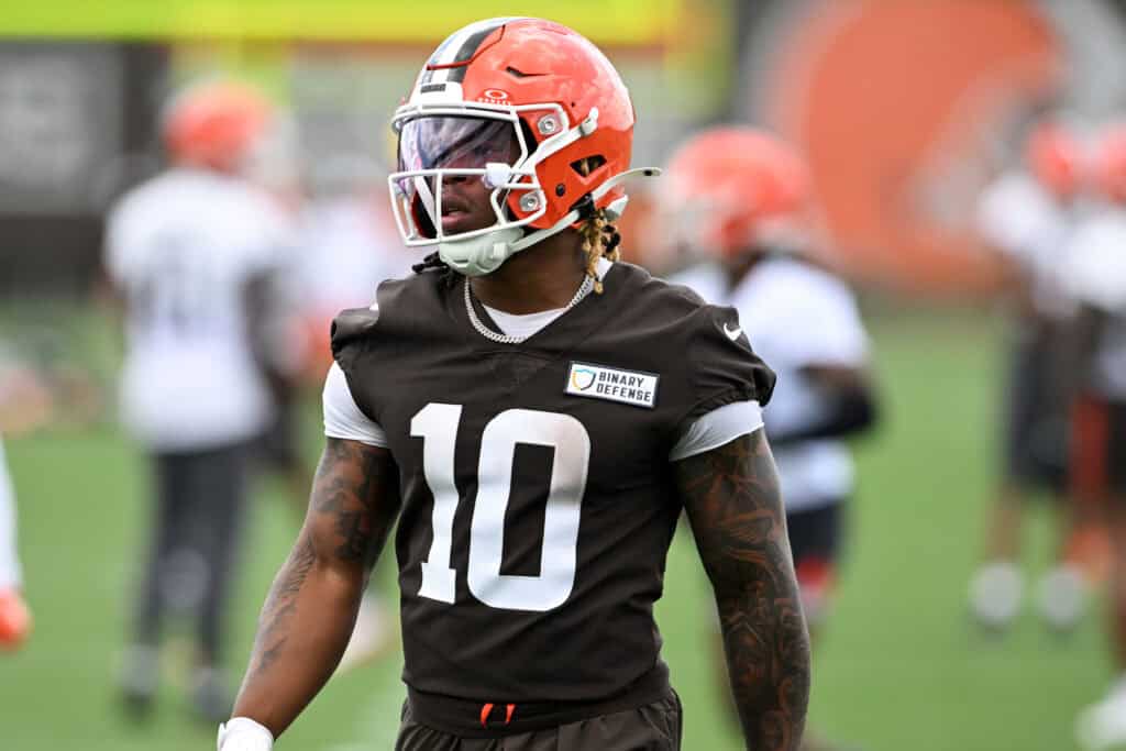 BEREA, OHIO - JUNE 10: Quinshon Judkins #10 of the Cleveland Browns looks on during Cleveland Browns mandatory minicamp at CrossCountry Mortgage Campus on June 10, 2025 in Berea, Ohio.