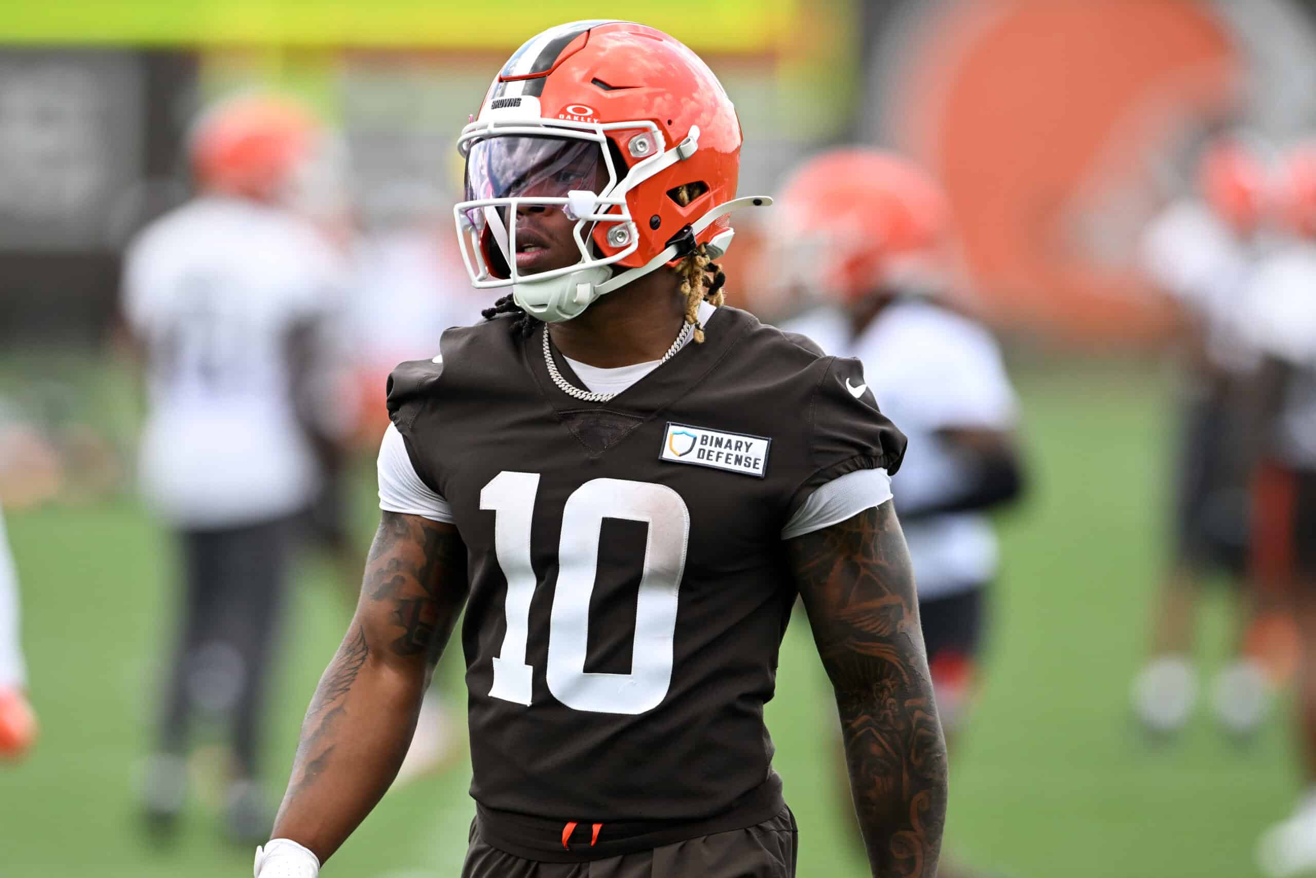 BEREA, OHIO - JUNE 10: Quinshon Judkins #10 of the Cleveland Browns looks on during Cleveland Browns mandatory minicamp at CrossCountry Mortgage Campus on June 10, 2025 in Berea, Ohio.