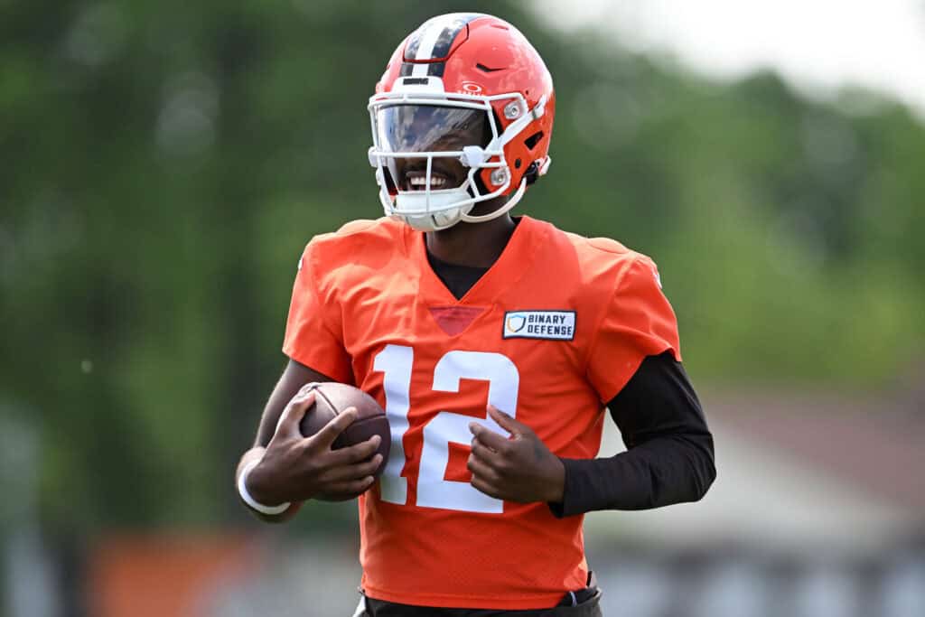 BEREA, OHIO - JUNE 10: Shedeur Sanders #12 of the Cleveland Browns runs a drill during Cleveland Browns mandatory minicamp at CrossCountry Mortgage Campus on June 10, 2025 in Berea, Ohio.