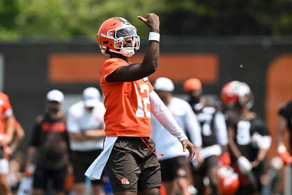 BEREA, OHIO - JUNE 04: Shedeur Sanders #12 of the Cleveland Browns celebrates during Cleveland Browns OTA offseason workouts at CrossCountry Mortgage Campus on June 04, 2025 in Berea, Ohio.