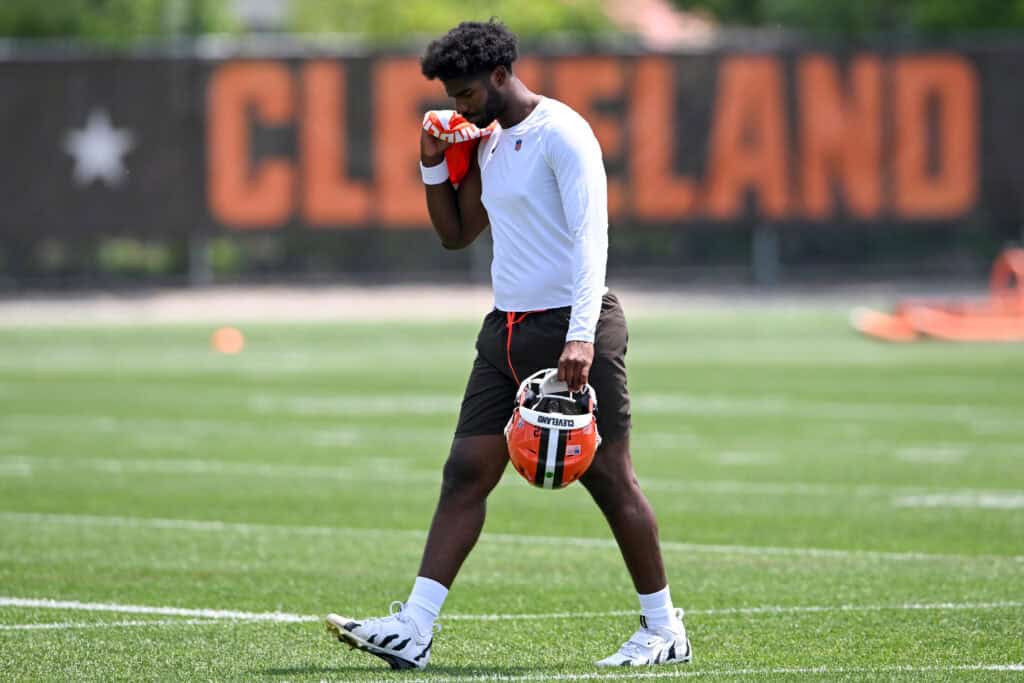 BEREA, OHIO - JUNE 04: Shedeur Sanders #12 of the Cleveland Browns walks off the field after Cleveland Browns OTA offseason workouts at CrossCountry Mortgage Campus on June 04, 2025 in Berea, Ohio.