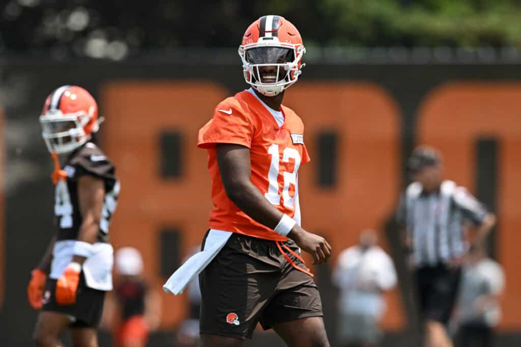 BEREA, OHIO - JUNE 04: Shedeur Sanders #12 of the Cleveland Browns looks on during Cleveland Browns OTA offseason workouts at CrossCountry Mortgage Campus on June 04, 2025 in Berea, Ohio.