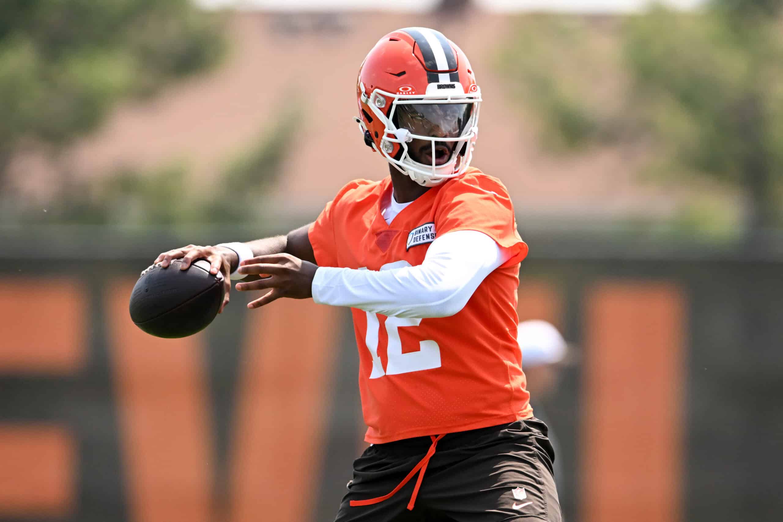 BEREA, OHIO - JUNE 04: Shedeur Sanders #12 of the Cleveland Browns throws a pass during Cleveland Browns OTA offseason workouts at CrossCountry Mortgage Campus on June 04, 2025 in Berea, Ohio.