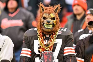 CLEVELAND, OHIO - DECEMBER 10: A Cleveland Browns fan watches the game against the Jacksonville Jaguars at Cleveland Browns Stadium on December 10, 2023 in Cleveland, Ohio.