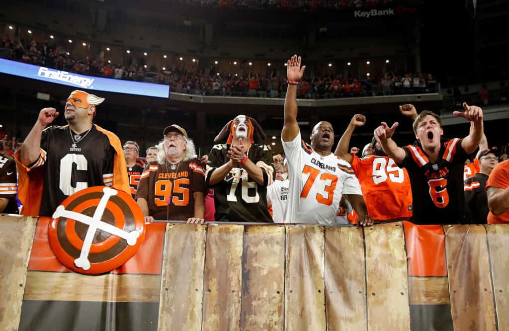CLEVELAND, OH - SEPTEMBER 20: Cleveland Browns fans celebrate after a 21-17 win over the New York Jets at FirstEnergy Stadium on September 20, 2018 in Cleveland, Ohio.