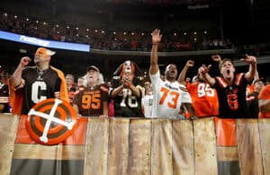 CLEVELAND, OH - SEPTEMBER 20: Cleveland Browns fans celebrate after a 21-17 win over the New York Jets at FirstEnergy Stadium on September 20, 2018 in Cleveland, Ohio.