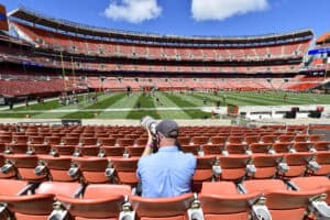 CLEVELAND, OHIO - AUGUST 30: The Cleveland Browns work out without fans during training camp at FirstEnergy Stadium on August 30, 2020 in Cleveland, Ohio.