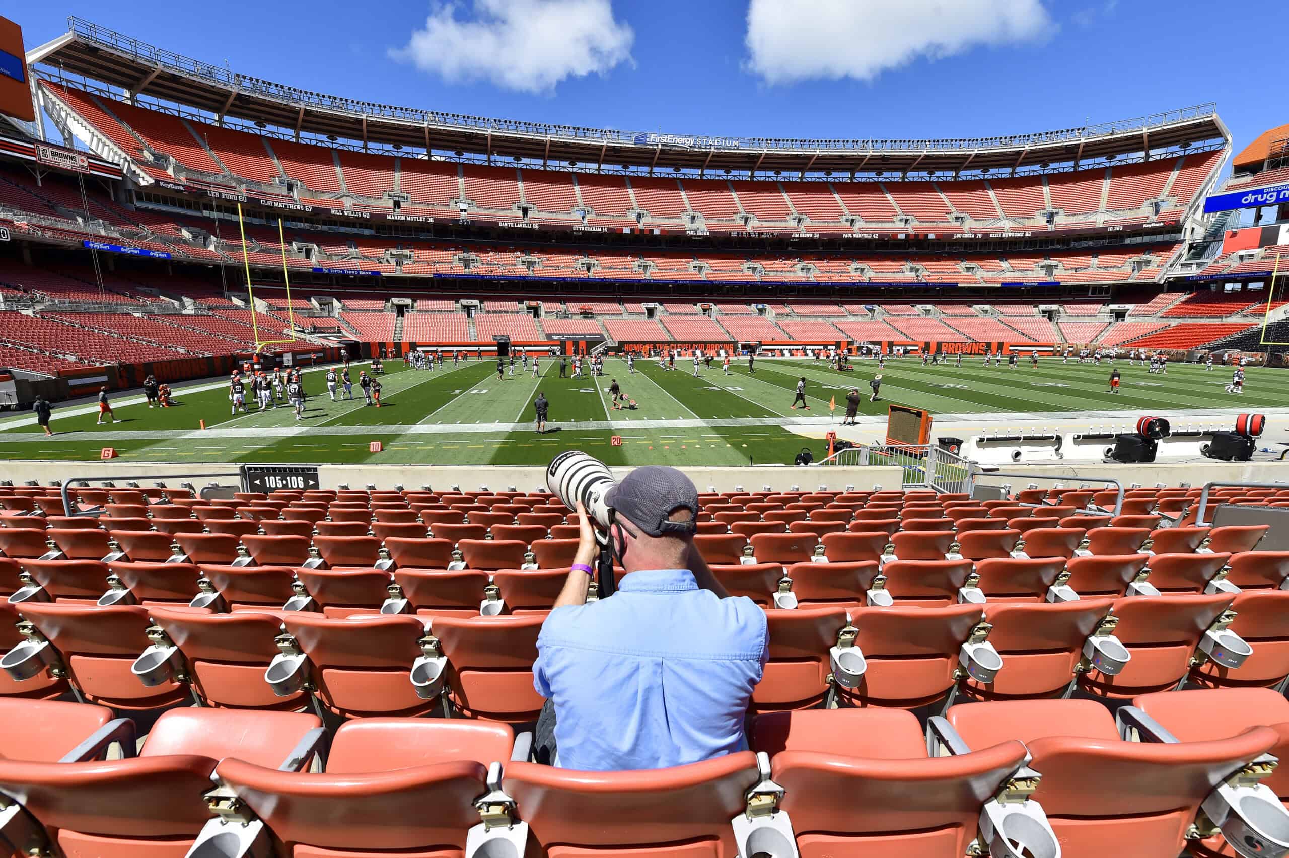 CLEVELAND, OHIO - AUGUST 30: The Cleveland Browns work out without fans during training camp at FirstEnergy Stadium on August 30, 2020 in Cleveland, Ohio.