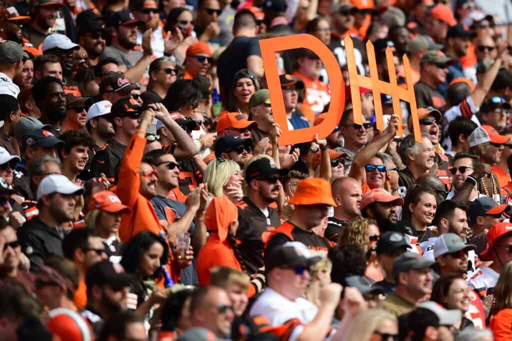 CLEVELAND, OHIO - SEPTEMBER 26: Cleveland Browns fans cheer during the second half in the game against the Chicago Bears at FirstEnergy Stadium on September 26, 2021 in Cleveland, Ohio.