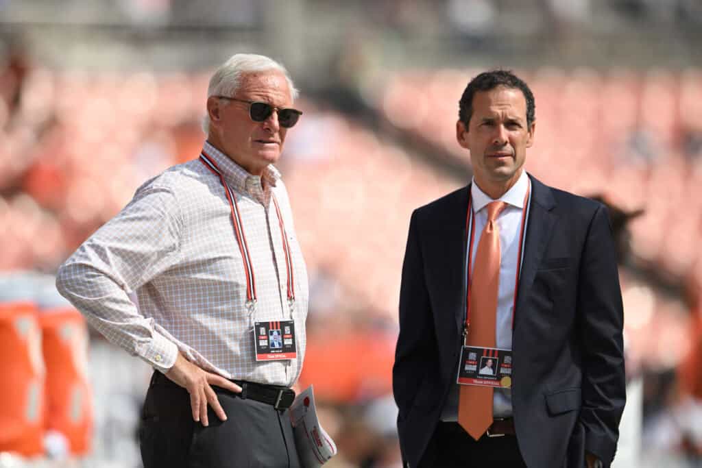 CLEVELAND, OHIO - SEPTEMBER 18: Owner Jimmy Haslam (L) and Chief Strategy Officer Paul DePodesta (R) of the Cleveland Browns look on before the game against the New York Jets at FirstEnergy Stadium on September 18, 2022 in Cleveland, Ohio.