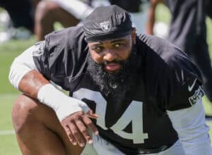 HENDERSON, NEVADA - MAY 29: Defensive tackle Christian Wilkins #94 of the Las Vegas Raiders stretches during an OTA offseason workout at the Las Vegas Raiders Headquarters/Intermountain Healthcare Performance Center on May 29, 2024 in Henderson, Nevada.