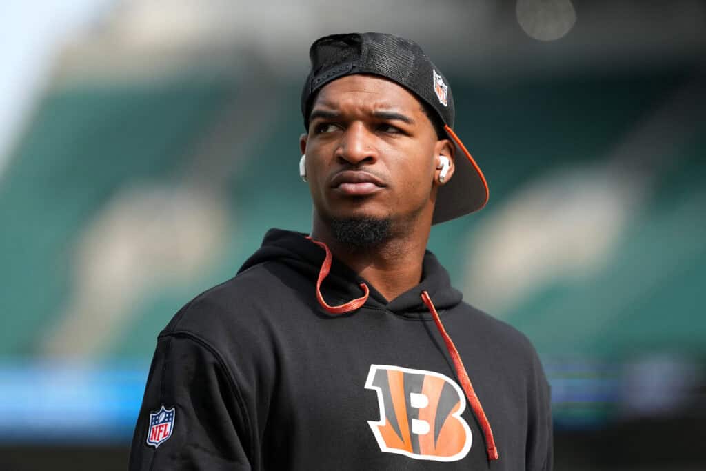 CINCINNATI, OHIO - SEPTEMBER 08: Ja'Marr Chase #1 of the Cincinnati Bengals looks on prior to a game New England Patriots at Paycor Stadium on September 08, 2024 in Cincinnati, Ohio.