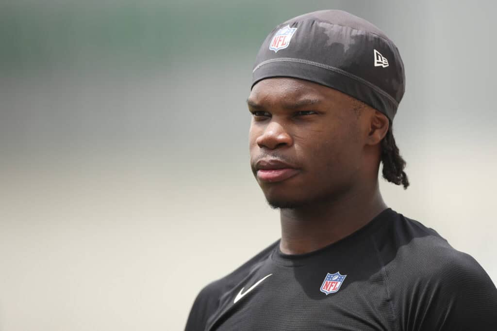 JACKSONVILLE, FLORIDA - MAY 10: Travis Hunter #12 of the Jacksonville Jaguars runs looks on during Jacksonville Jaguars Rookie Minicamp at Miller Electric Center on May 10, 2025 in Jacksonville, Florida.