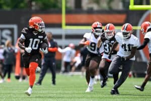 BEREA, OHIO - JUNE 10: Quinshon Judkins #10 of the Cleveland Browns runs a drill during Cleveland Browns mandatory minicamp at CrossCountry Mortgage Campus on June 10, 2025 in Berea, Ohio.