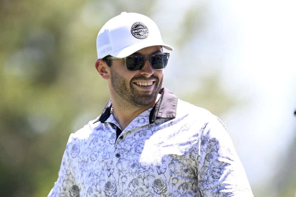 STATELINE, NEVADA - JULY 10: Baker Mayfield stands in the 15th tee box prior to the American Century Championship at Edgewood Tahoe Golf Course on July 10, 2025 in Stateline, Nevada.