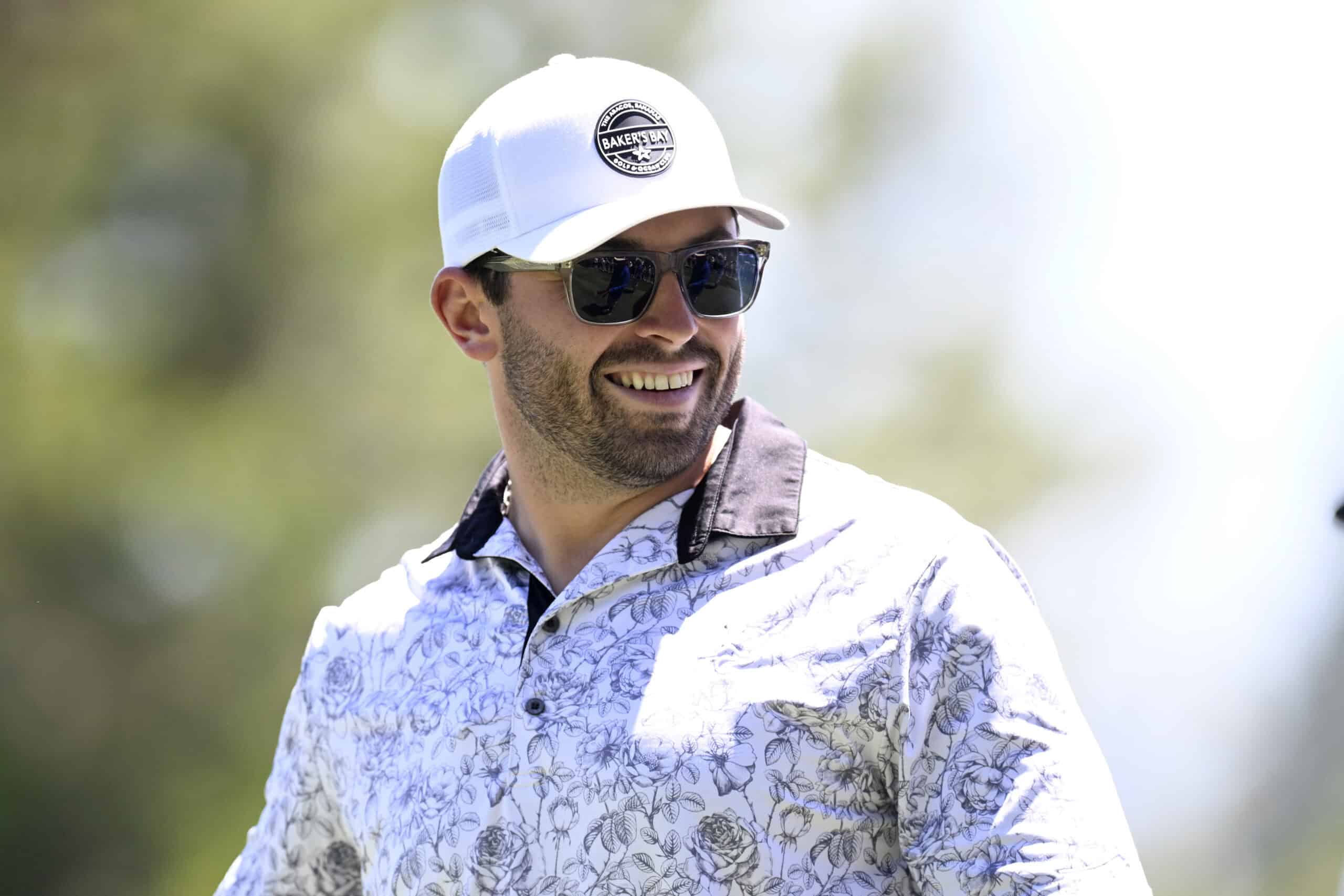STATELINE, NEVADA - JULY 10: Baker Mayfield stands in the 15th tee box prior to the American Century Championship at Edgewood Tahoe Golf Course on July 10, 2025 in Stateline, Nevada.
