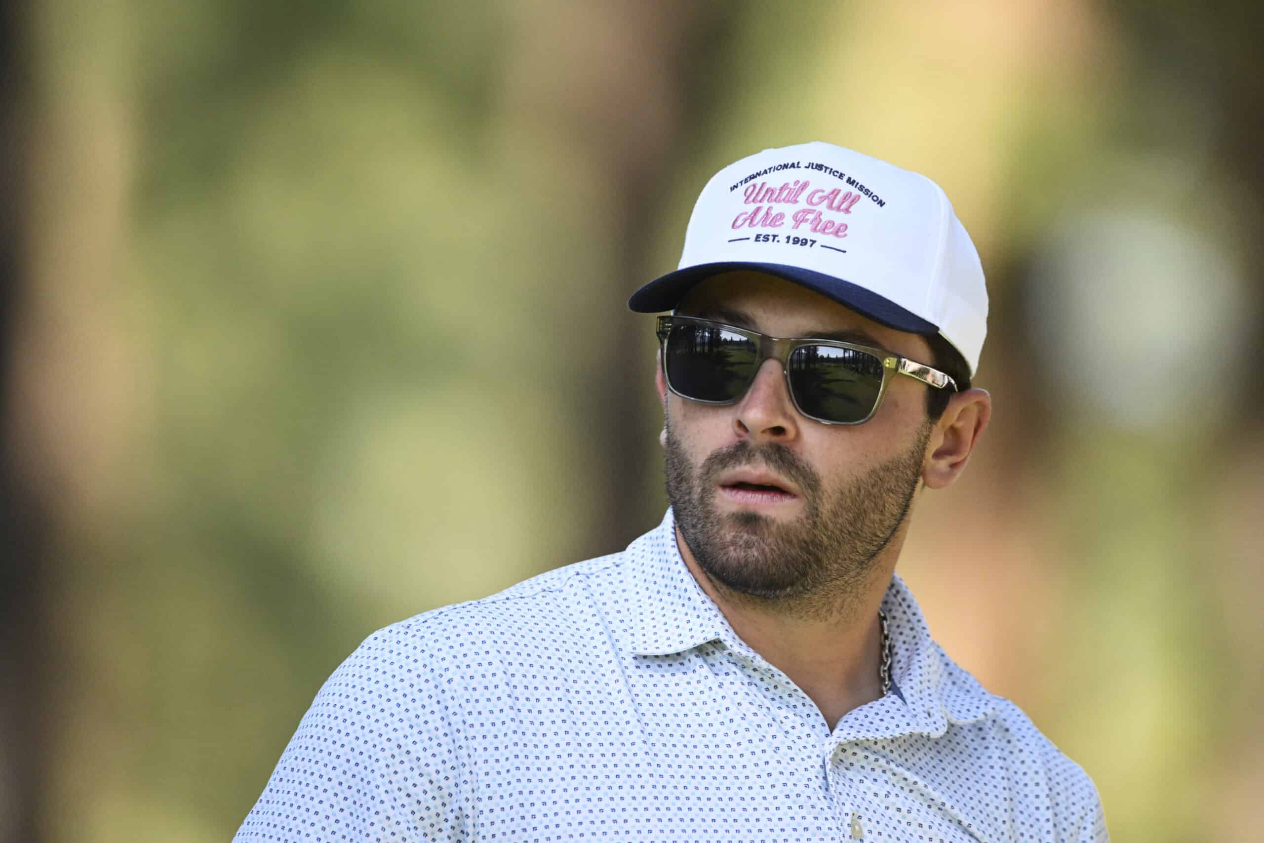 STATELINE, NEVADA - JULY 11: Baker Mayfield stands in the second tee box during the first round of the American Century Championship at Edgewood Tahoe Golf Course on July 11, 2025 in Stateline, Nevada.