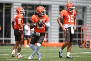 BEREA, OHIO - JULY 28: Shedeur Sanders #12 of the Cleveland Browns looks to pass during Cleveland Browns training camp at CrossCountry Mortgage Campus on July 28, 2025 in Berea, Ohio.