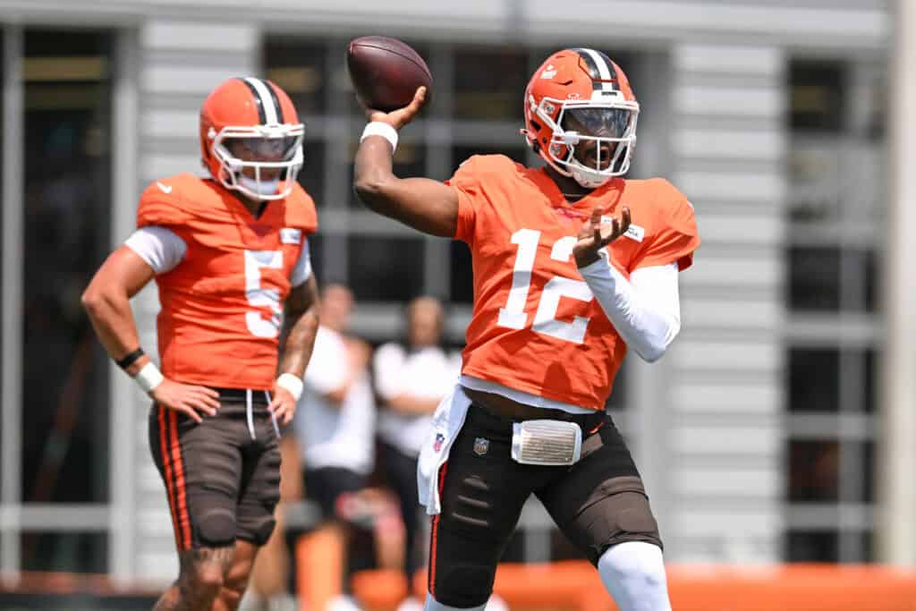BEREA, OHIO - JULY 28: Shedeur Sanders #12 of the Cleveland Browns throws a pass during Cleveland Browns training camp at CrossCountry Mortgage Campus on July 28, 2025 in Berea, Ohio.