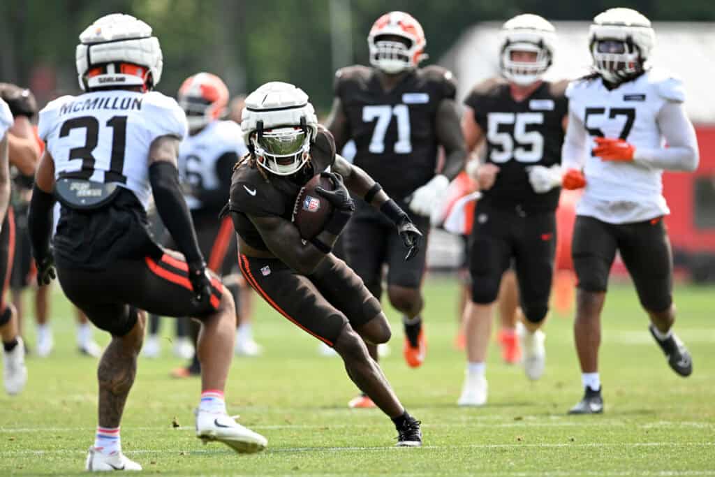 BEREA, OHIO - JULY 28: Jerry Jeudy #3 of the Cleveland Browns runs a drill during Cleveland Browns training camp at CrossCountry Mortgage Campus on July 28, 2025 in Berea, Ohio.
