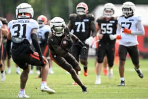 BEREA, OHIO - JULY 28: Jerry Jeudy #3 of the Cleveland Browns runs a drill during Cleveland Browns training camp at CrossCountry Mortgage Campus on July 28, 2025 in Berea, Ohio.