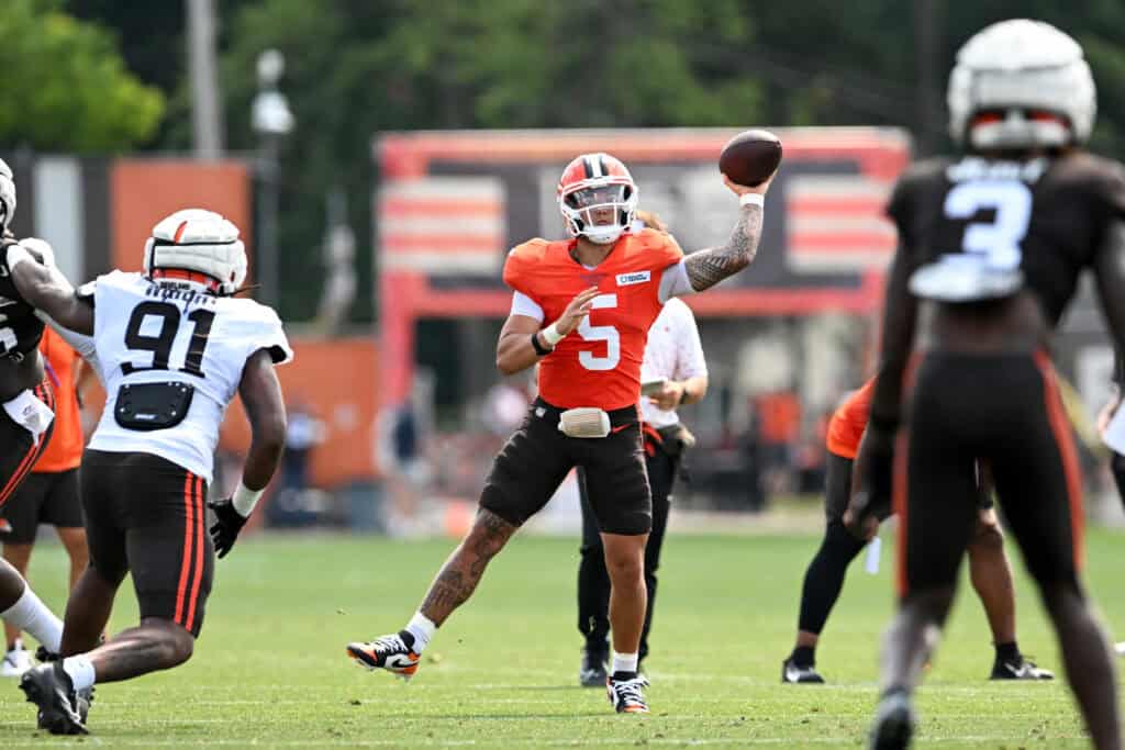 BEREA, OHIO - JULY 28: Dillon Gabriel #5 of the Cleveland Browns throws a pass during Cleveland Browns training camp at CrossCountry Mortgage Campus on July 28, 2025 in Berea, Ohio.