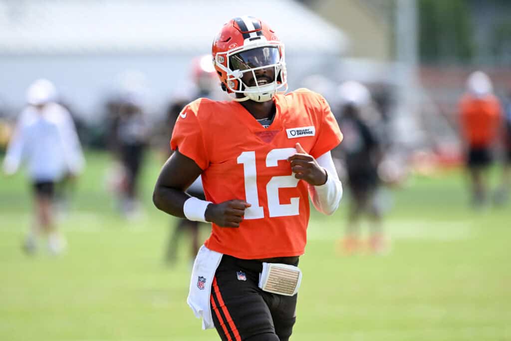 BEREA, OHIO - JULY 28: Shedeur Sanders #12 of the Cleveland Browns looks on during Cleveland Browns training camp at CrossCountry Mortgage Campus on July 28, 2025 in Berea, Ohio.