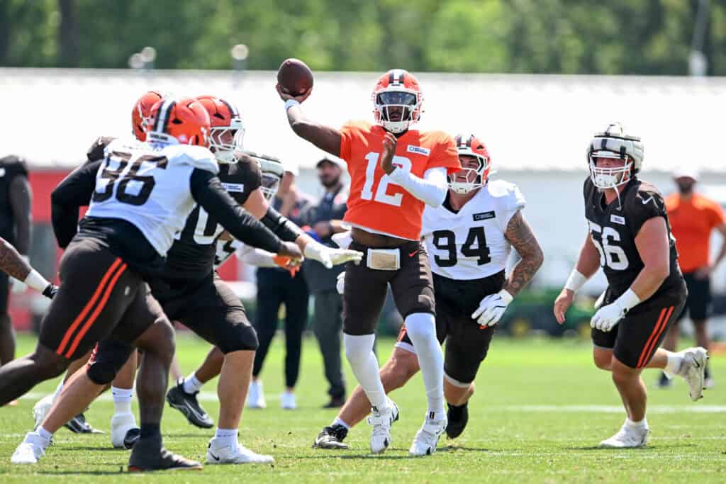BEREA, OHIO - JULY 28: Shedeur Sanders #12 of the Cleveland Browns throws a pass during Cleveland Browns training camp at CrossCountry Mortgage Campus on July 28, 2025 in Berea, Ohio.