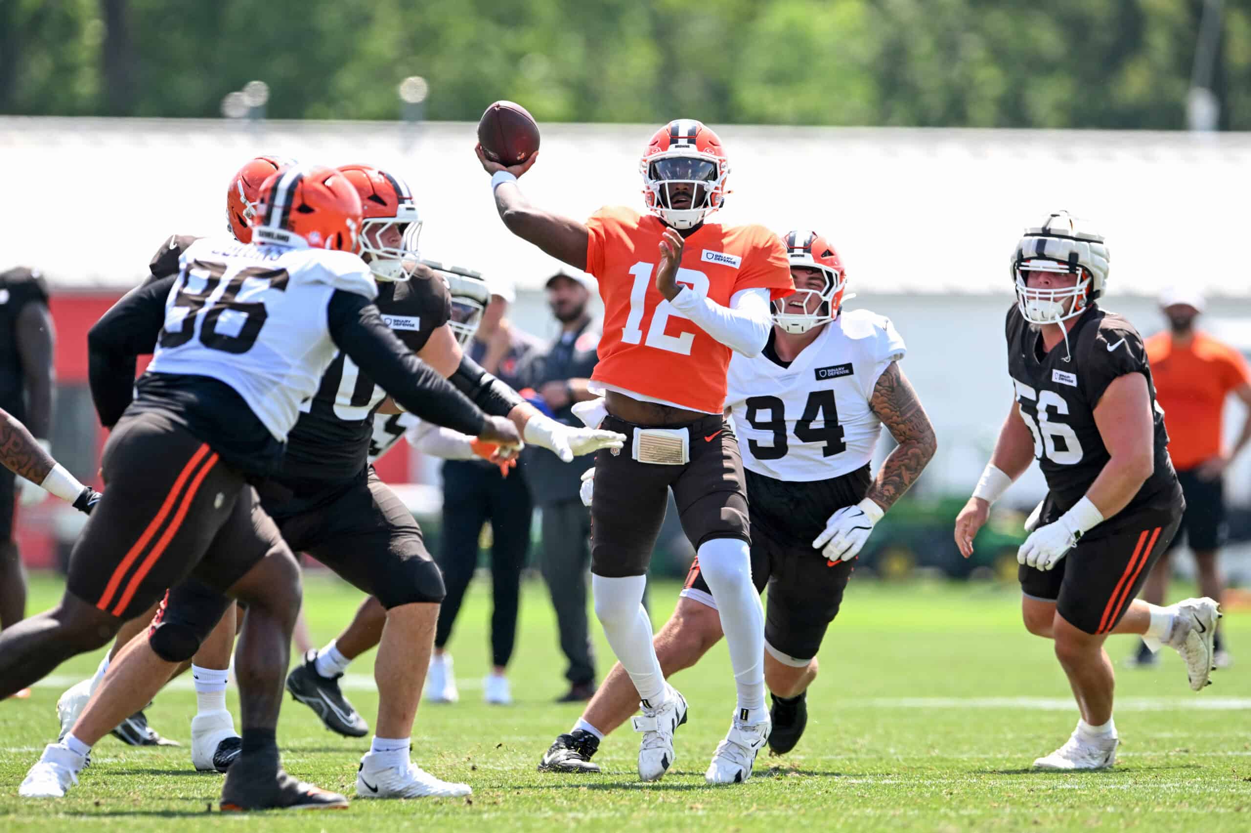 BEREA, OHIO - JULY 28: Shedeur Sanders #12 of the Cleveland Browns throws a pass during Cleveland Browns training camp at CrossCountry Mortgage Campus on July 28, 2025 in Berea, Ohio.