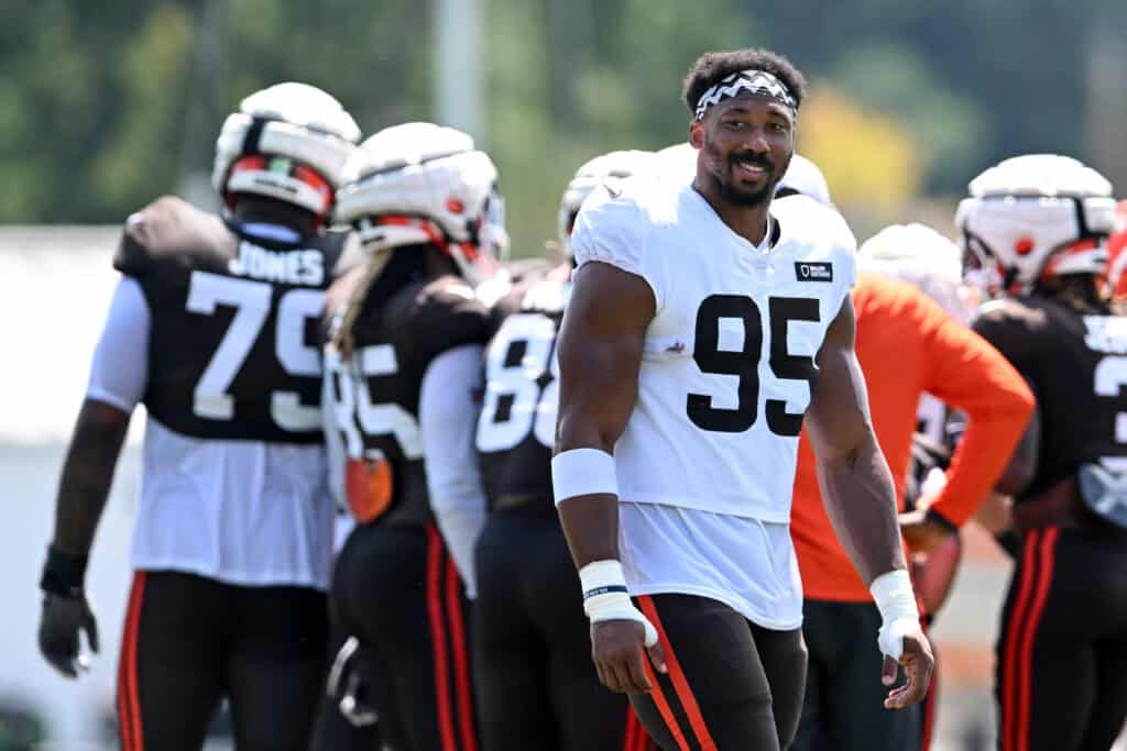 BEREA, OHIO - JULY 28: Myles Garrett #95 of the Cleveland Browns looks on during Cleveland Browns training camp at CrossCountry Mortgage Campus on July 28, 2025 in Berea, Ohio.