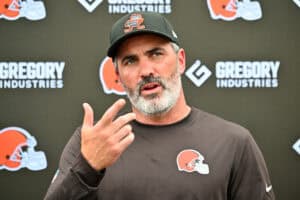BEREA, OHIO - JULY 25: Head coach Kevin Stefanski of the Cleveland Browns talks to reporters during training camp at CrossCountry Mortgage Campus on July 25, 2025 in Berea, Ohio.