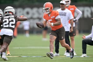 BEREA, OHIO - JULY 25: Quarterback Dillon Gabriel #5 of the Cleveland Browns runs a play during training camp at CrossCountry Mortgage Campus on July 25, 2025 in Berea, Ohio.
