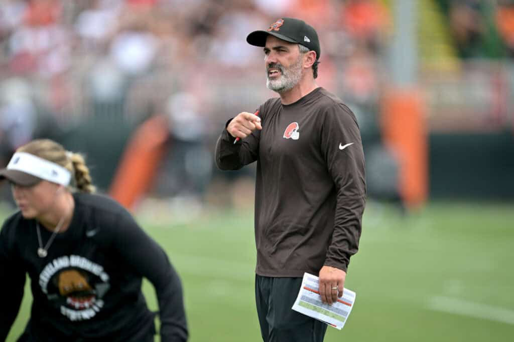 BEREA, OHIO - JULY 25: Head coach Kevin Stefanski of the Cleveland Browns watches plays during training camp at CrossCountry Mortgage Campus on July 25, 2025 in Berea, Ohio.