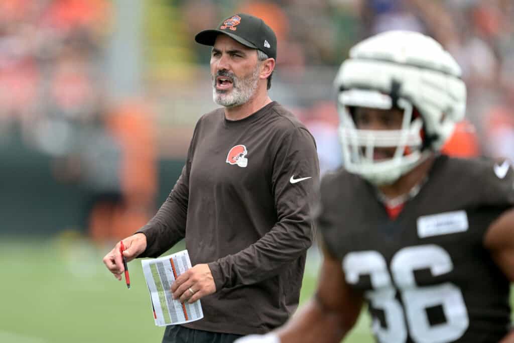 BEREA, OHIO - JULY 25: Head coach Kevin Stefanski of the Cleveland Browns watches plays during training camp at CrossCountry Mortgage Campus on July 25, 2025 in Berea, Ohio.