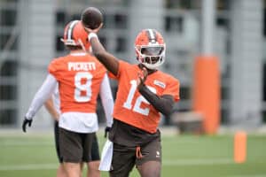 BEREA, OHIO - JULY 25: Quarterback Shedeur Sanders #12 of the Cleveland Browns passes during training camp at CrossCountry Mortgage Campus on July 25, 2025 in Berea, Ohio.