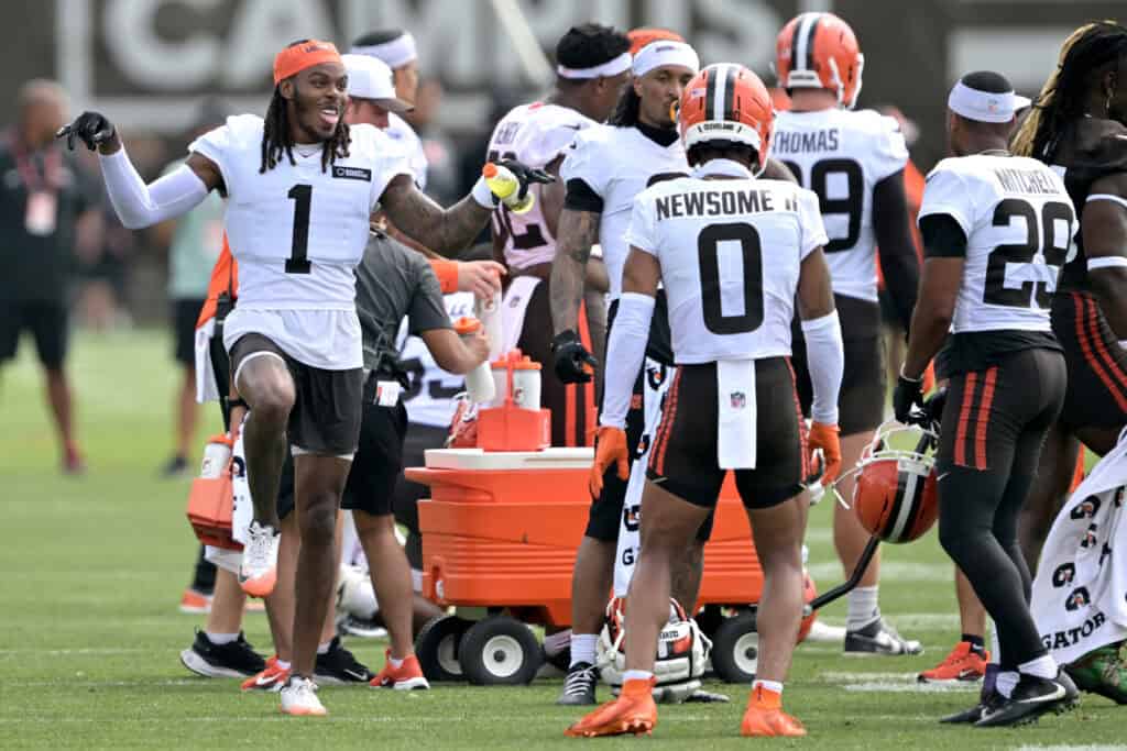 BEREA, OHIO - JULY 25: Cornerback Martin Emerson Jr. #1 of the Cleveland Browns dances with teammates during training camp at CrossCountry Mortgage Campus on July 25, 2025 in Berea, Ohio.