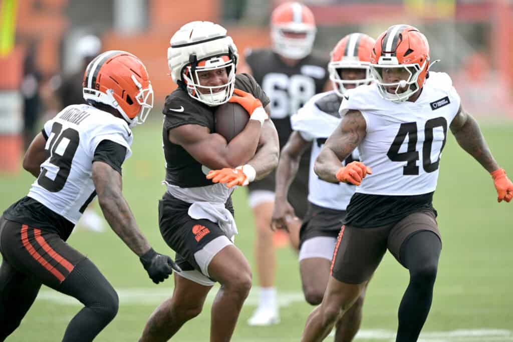 BEREA, OHIO - JULY 25: Running back Ahmani Marshall #39 of the Cleveland Browns runs a play during training camp at CrossCountry Mortgage Campus on July 25, 2025 in Berea, Ohio.