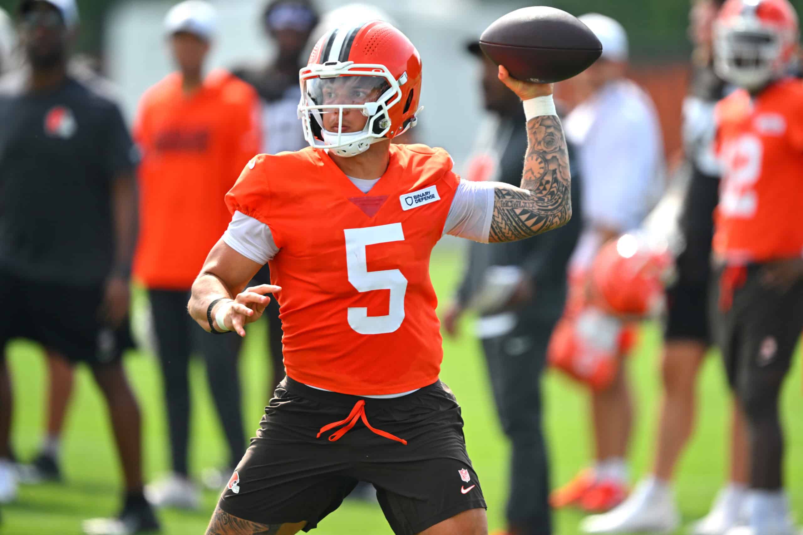 BEREA, OHIO - JULY 26: Quarterback Dillon Gabriel #5 of the Cleveland Browns passes during training camp at CrossCountry Mortgage Campus on July 26, 2025 in Berea, Ohio.